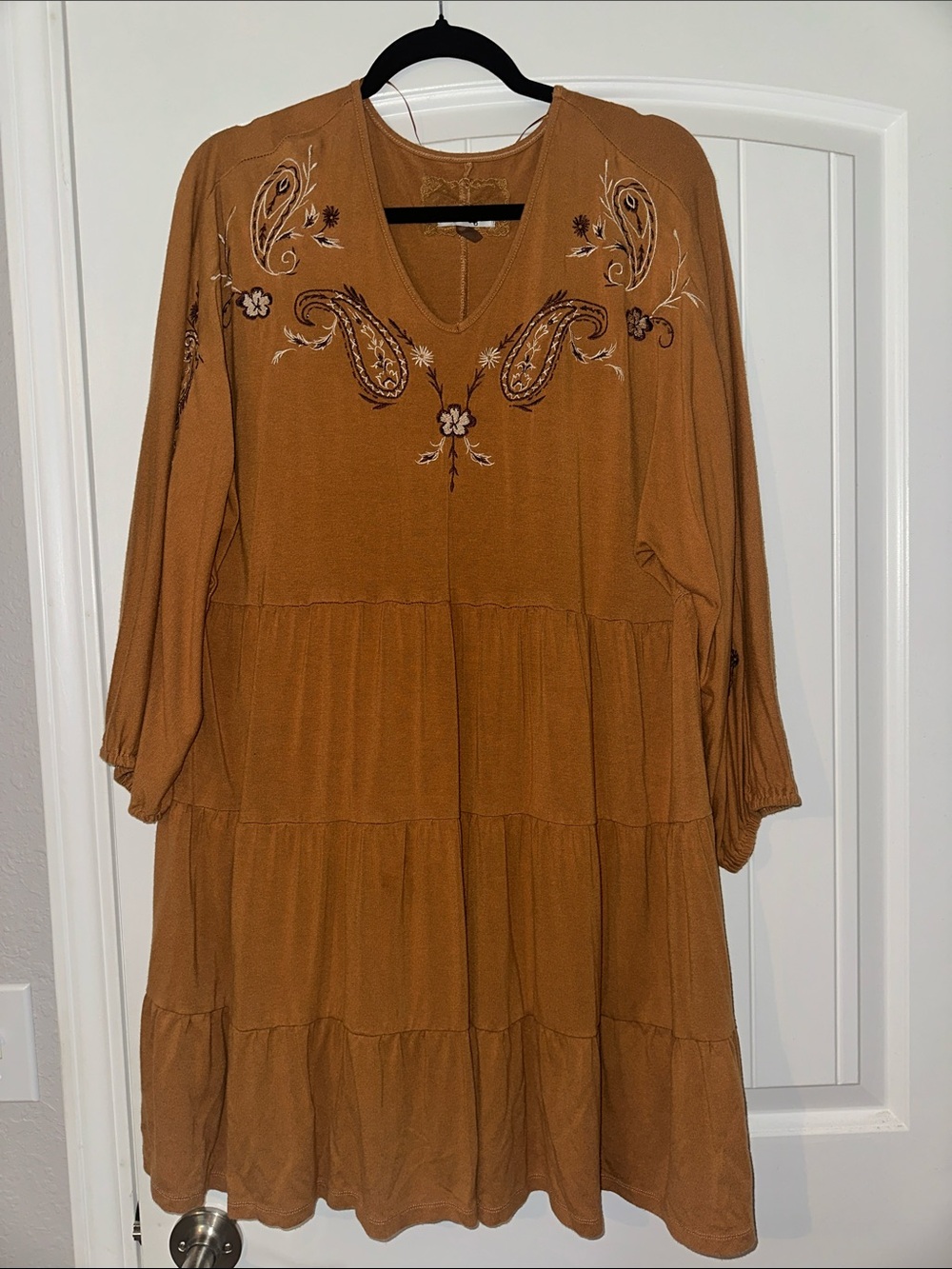 Cupio Mustard Brown Embroidered V-Neck Tiered Dress